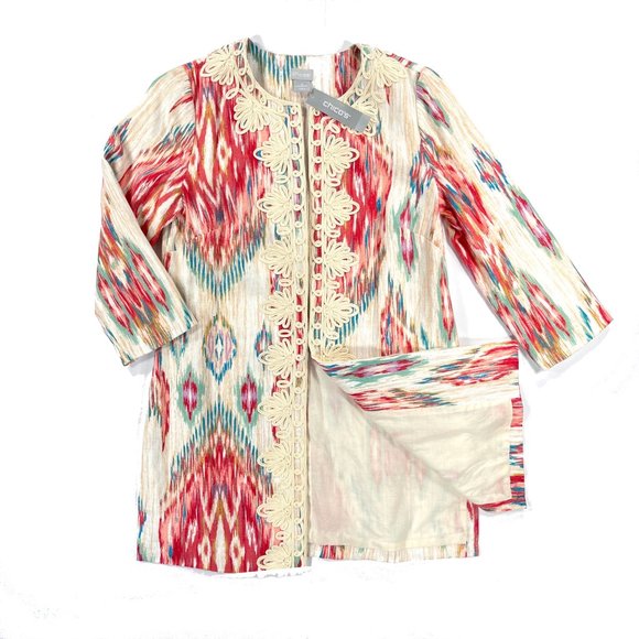 Chico's Jackets & Blazers - NWT Chico's 100% Linen Topper Soutache-Trimmed Ikat 3/4 Sleeve Tunic Long Jacket